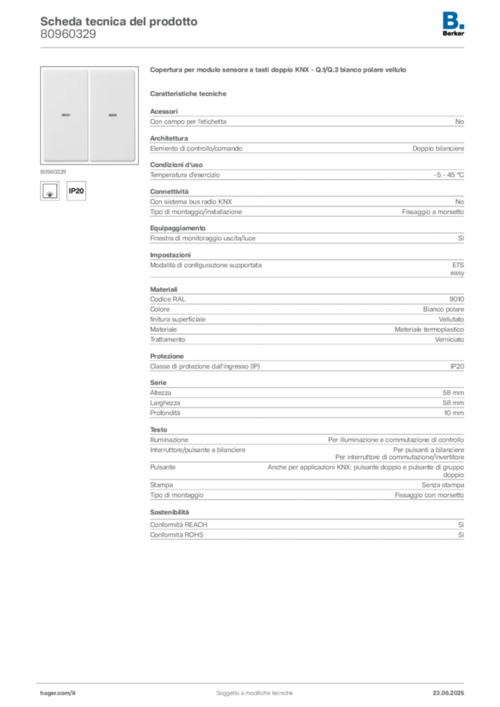 Immagine Berker Scheda tecnica del prodotto 80960329 | Hager Italia