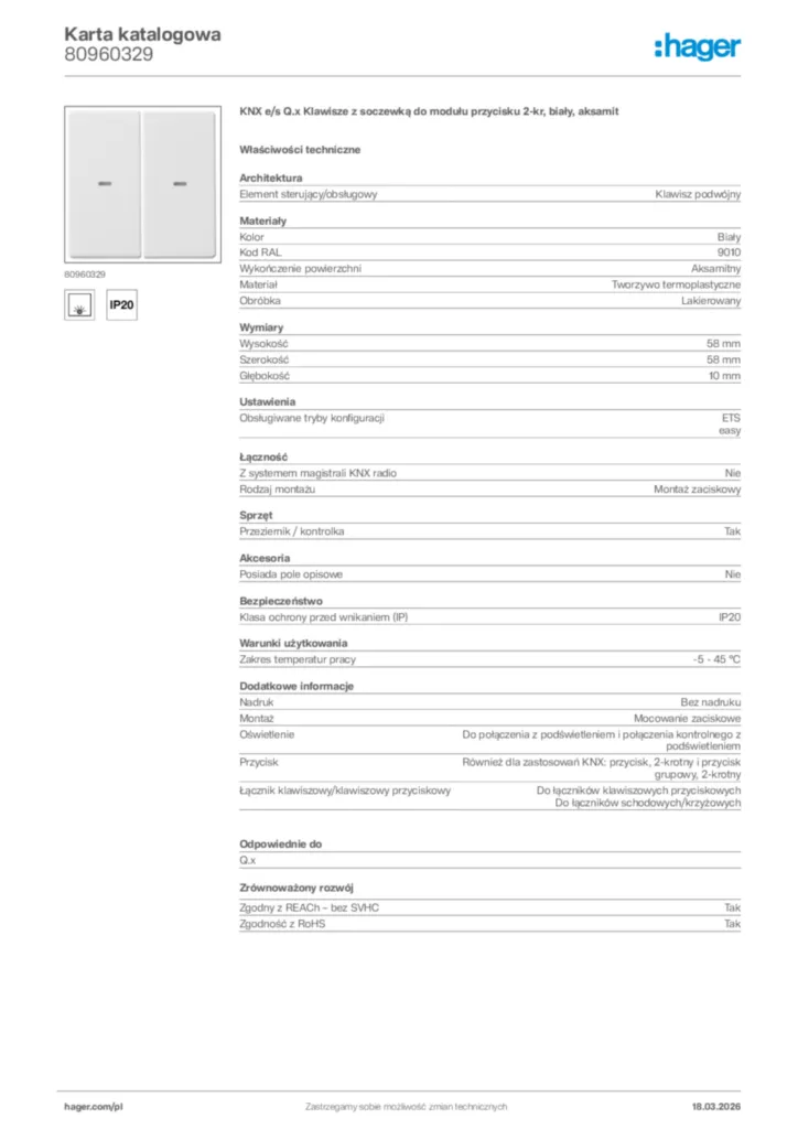 Zdjęcie Hager Karta katalogowa 80960329 | Hager Polska