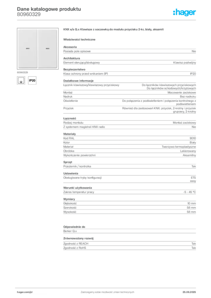 Zdjęcie Hager Dane katalogowe produktu 80960329 | Hager Polska