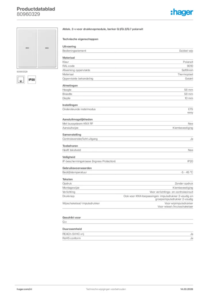 Afbeelding Hager Productdatablad 80960329 | Hager Nederland