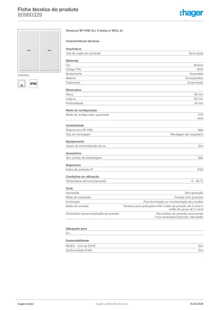 Imagem Hager Ficha técnica do produto 80960329 | Hager Portugal
