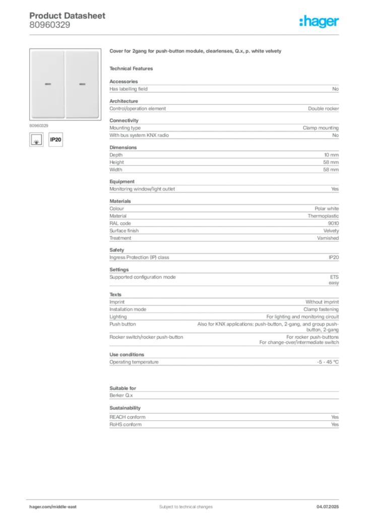 Image Hager Product data sheet 80960329  | Hager