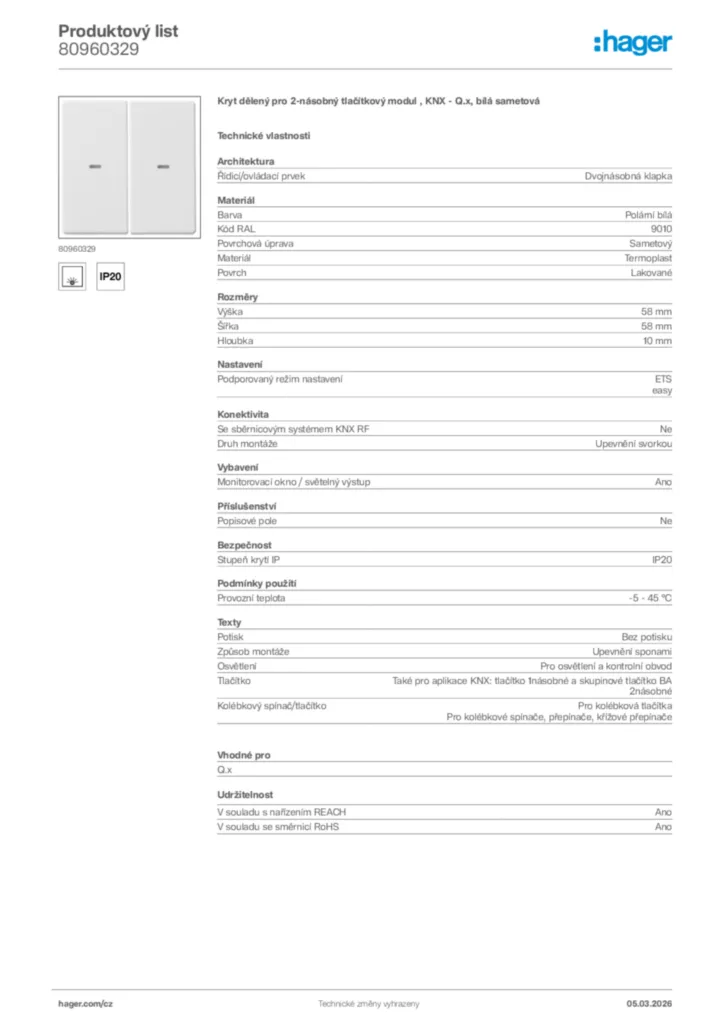 Obrázek Hager Product data sheet 80960329 | Hager