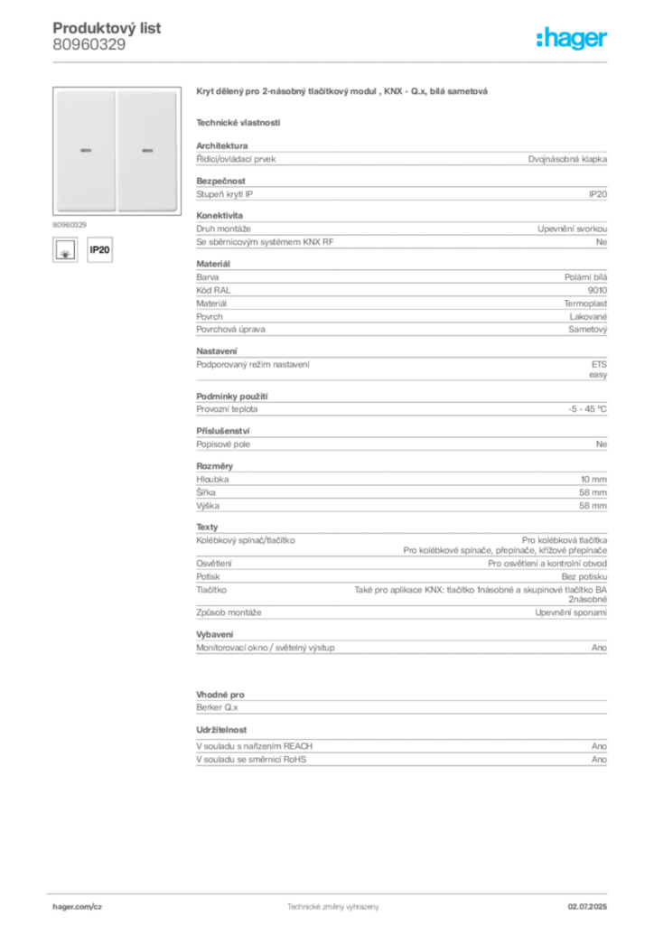 Obrázek Hager Produktový list 80960329 | Hager