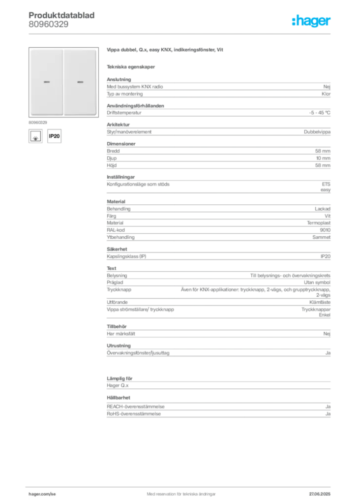 Bild Hager Produktdatablad 80960329 | Hager Sverige