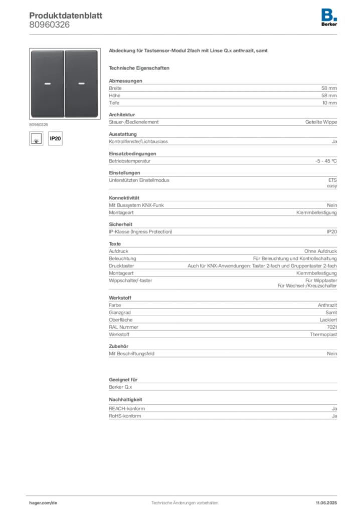Bild Berker Produktdatenblatt 80960326 | Hager Deutschland