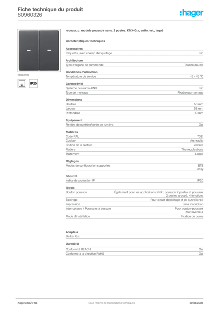 Image Hager Fiche technique du produit 80960326 | Hager Belgique