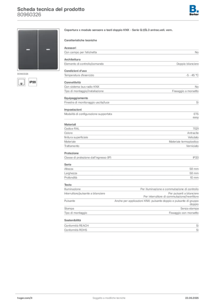 Immagine Berker Scheda tecnica del prodotto 80960326 | Hager Italia