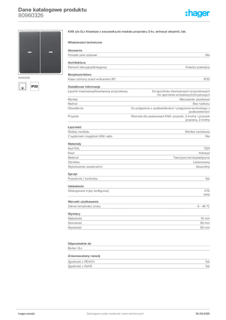 Zdjęcie Hager Dane katalogowe produktu 80960326 | Hager Polska