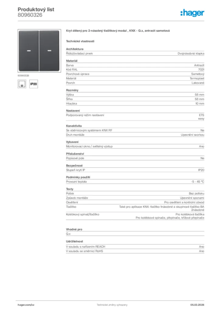 Obrázek Hager Product data sheet 80960326 | Hager