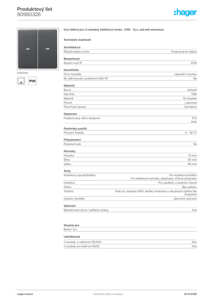 Obrázek Hager Produktový list 80960326 | Hager