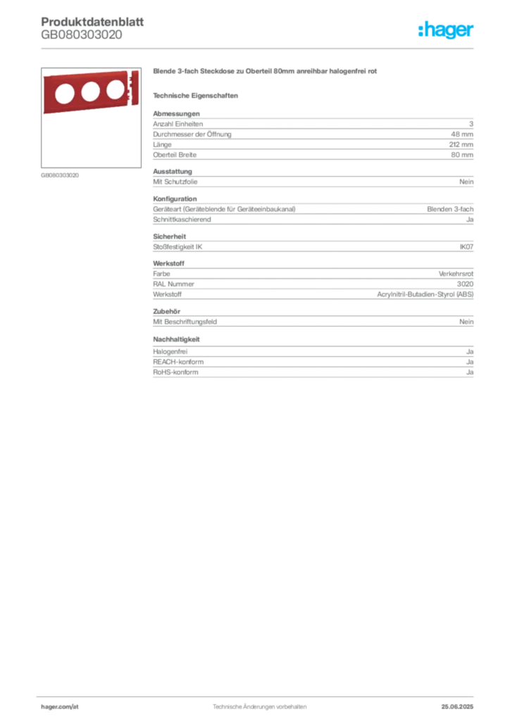 Bild Hager Produktdatenblatt GB080303020 | Hager Deutschland