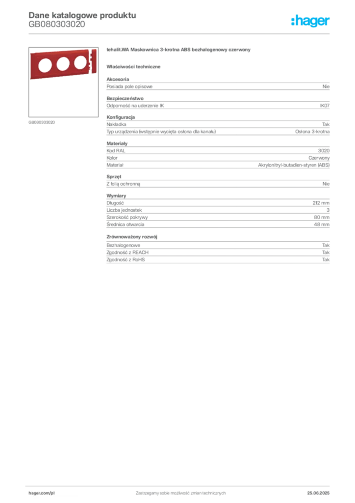 Zdjęcie Hager Dane katalogowe produktu GB080303020 | Hager Polska