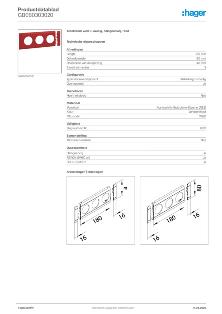 Afbeelding Hager Productdatablad GB080303020 | Hager Nederland