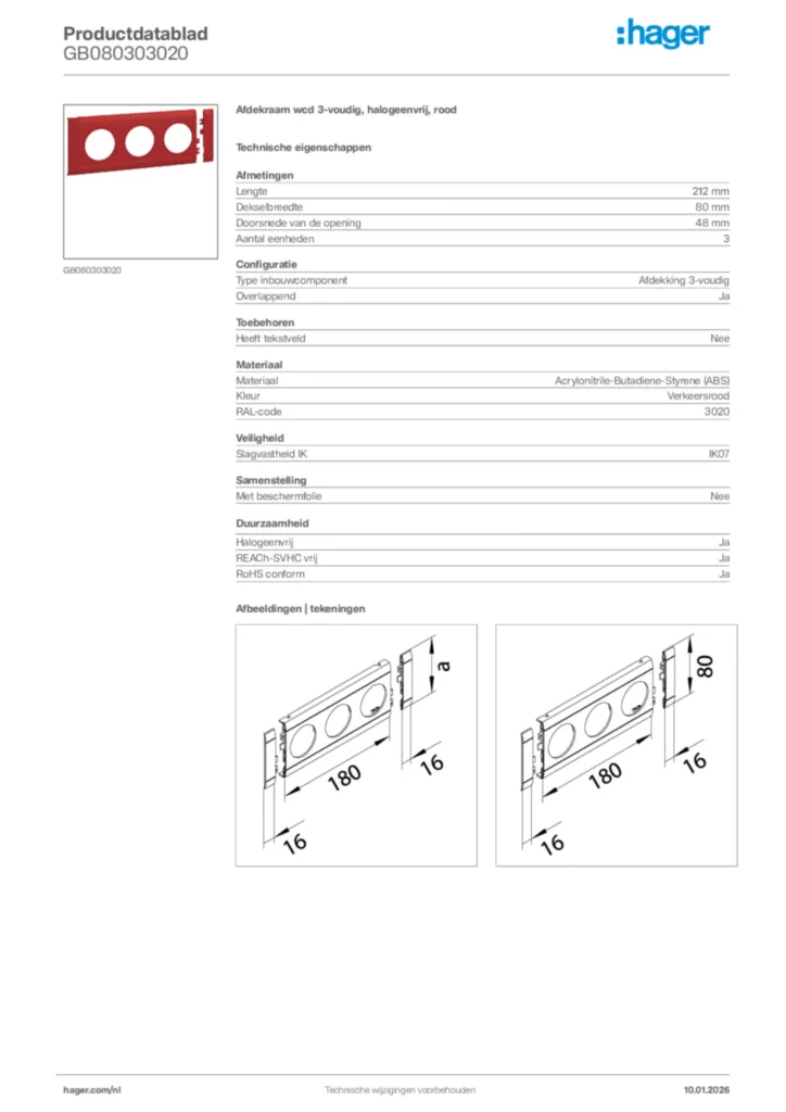 Afbeelding Hager Productdatablad GB080303020 | Hager Nederland