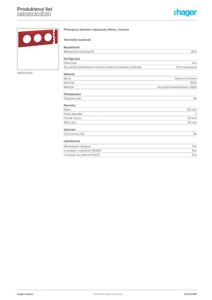 Obrázek Hager Produktový list GB080303020 | Hager