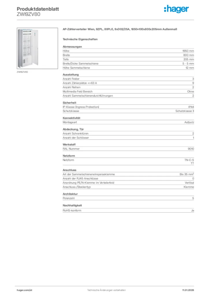Bild Hager Produktdatenblatt ZWI9ZV80 | Hager Deutschland