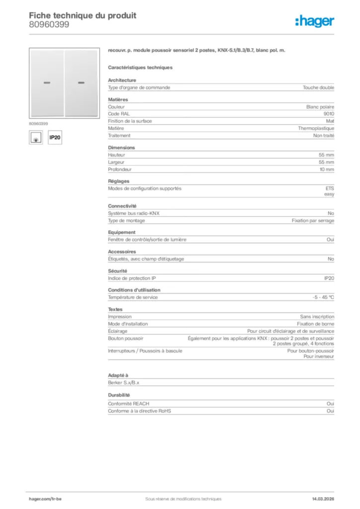 Image Hager Fiche technique du produit 80960399 | Hager Belgique