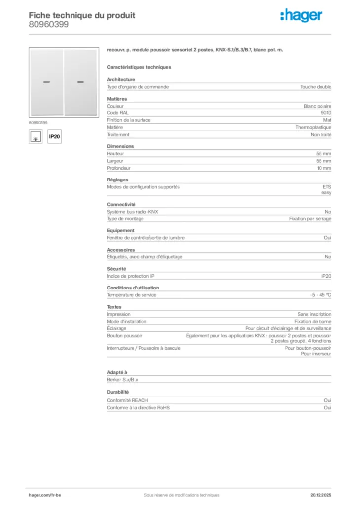 Image Hager Fiche technique du produit 80960399 | Hager Belgique