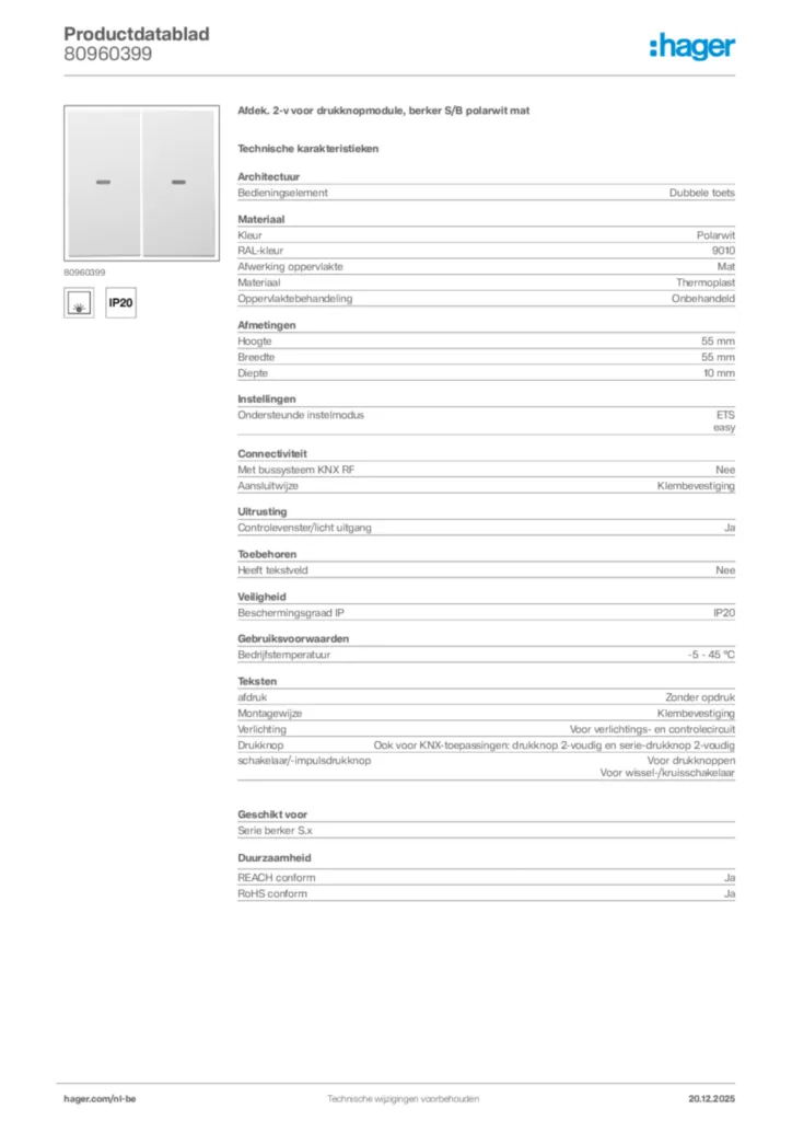Afbeelding Hager Productdatablad 80960399 | Hager Belgium