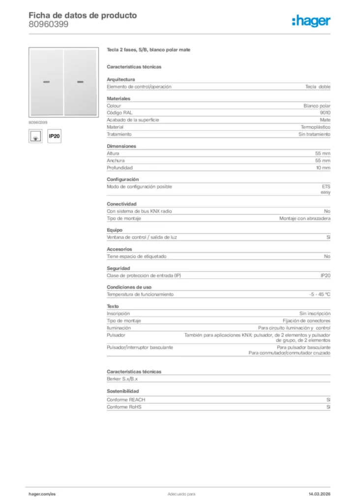 Imagen Hager Ficha de datos de producto 80960399 | Hager España