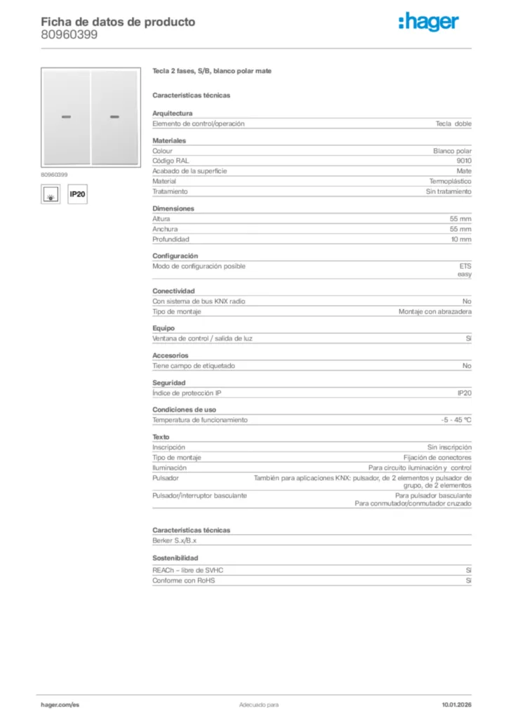 Imagen Hager Ficha de datos de producto 80960399 | Hager España