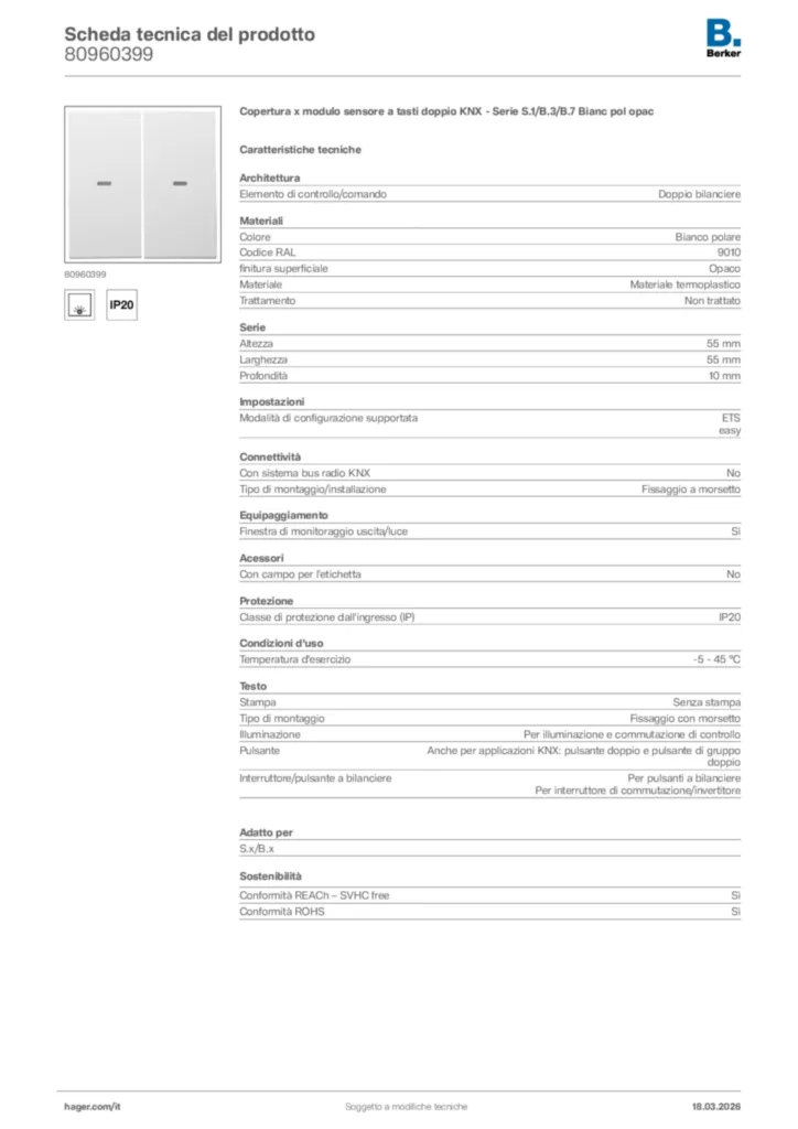 Immagine Berker Scheda tecnica del prodotto 80960399 | Hager Italia