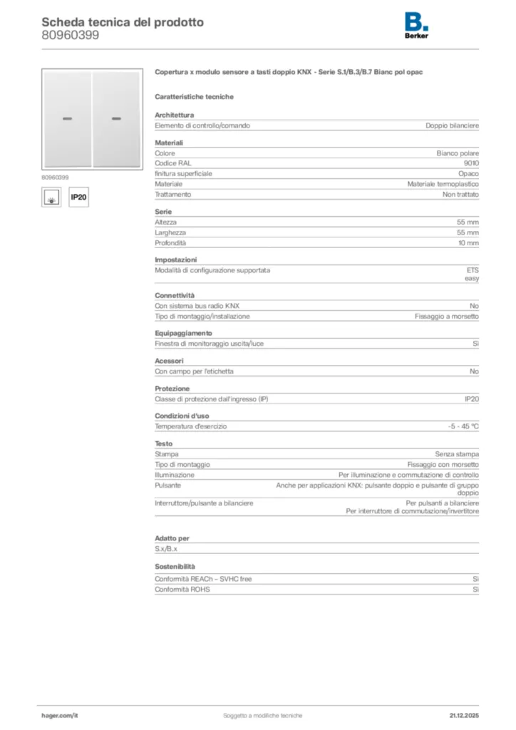 Immagine Berker Scheda tecnica del prodotto 80960399 | Hager Italia