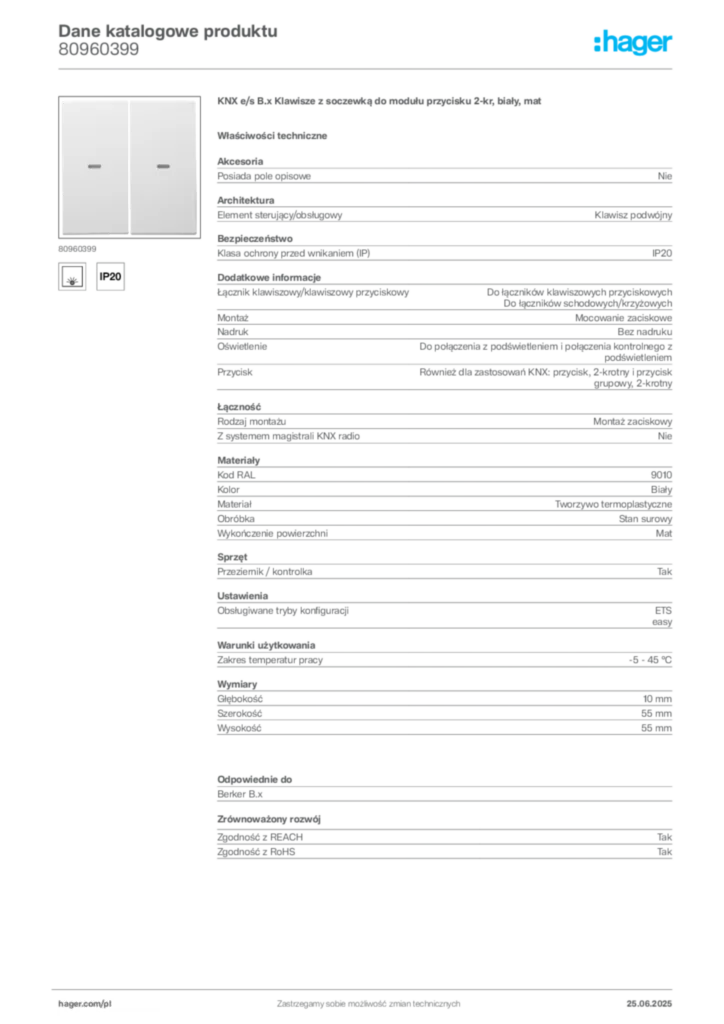 Zdjęcie Hager Dane katalogowe produktu 80960399 | Hager Polska