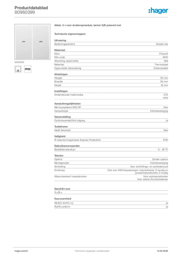 Afbeelding Hager Productdatablad 80960399 | Hager Nederland