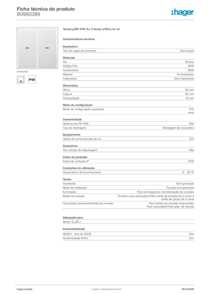 Imagem Hager Ficha técnica do produto 80960399 | Hager Portugal