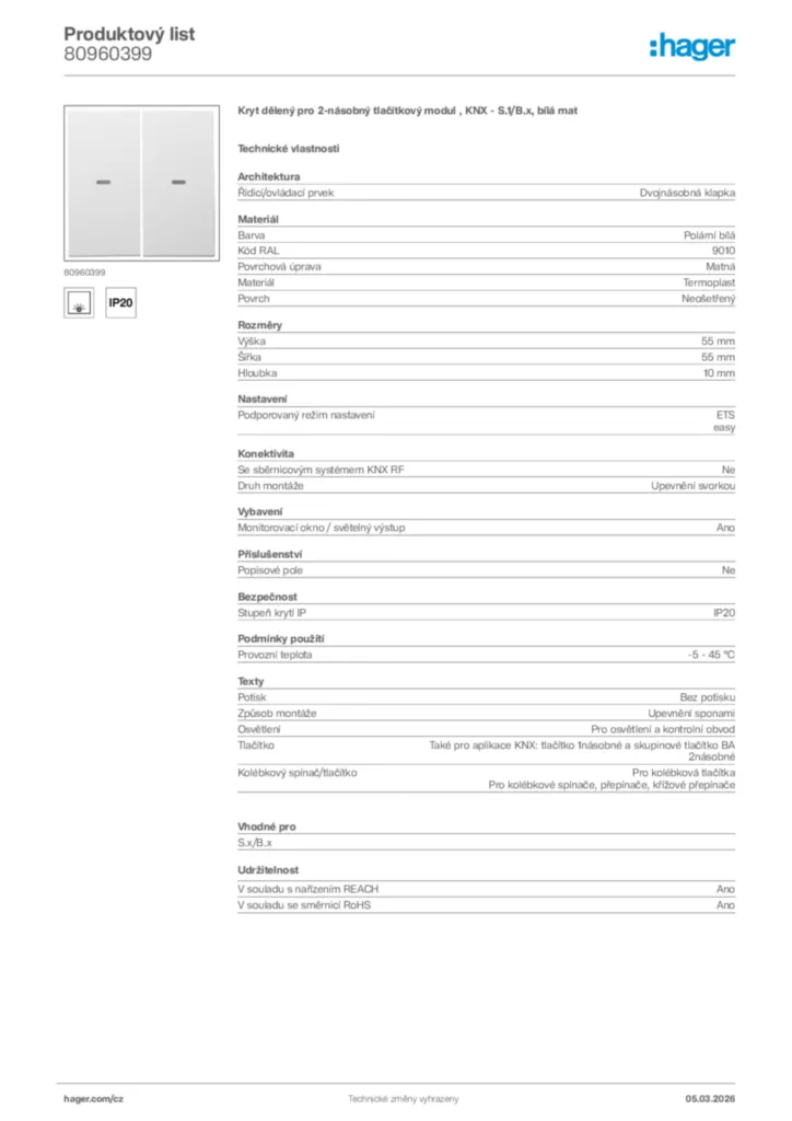 Obrázek Hager Product data sheet 80960399 | Hager