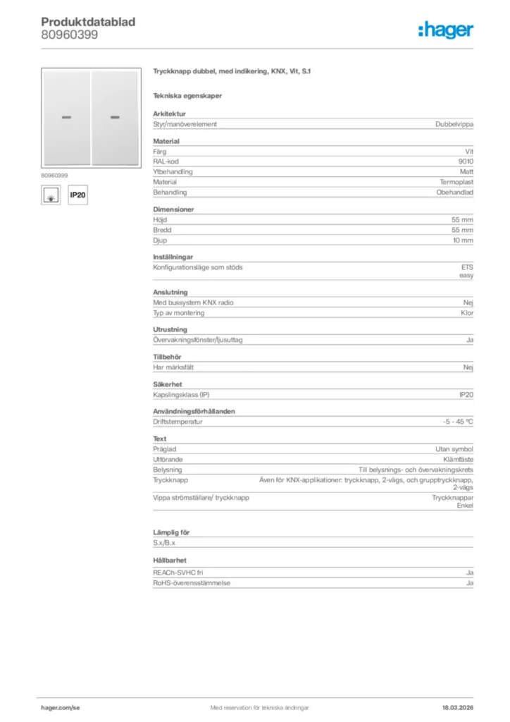 Bild Hager Produktdatablad 80960399 | Hager Sverige