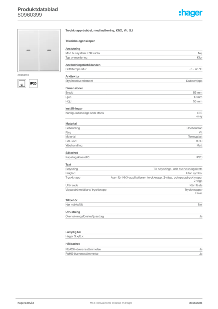 Bild Hager Produktdatablad 80960399 | Hager Sverige