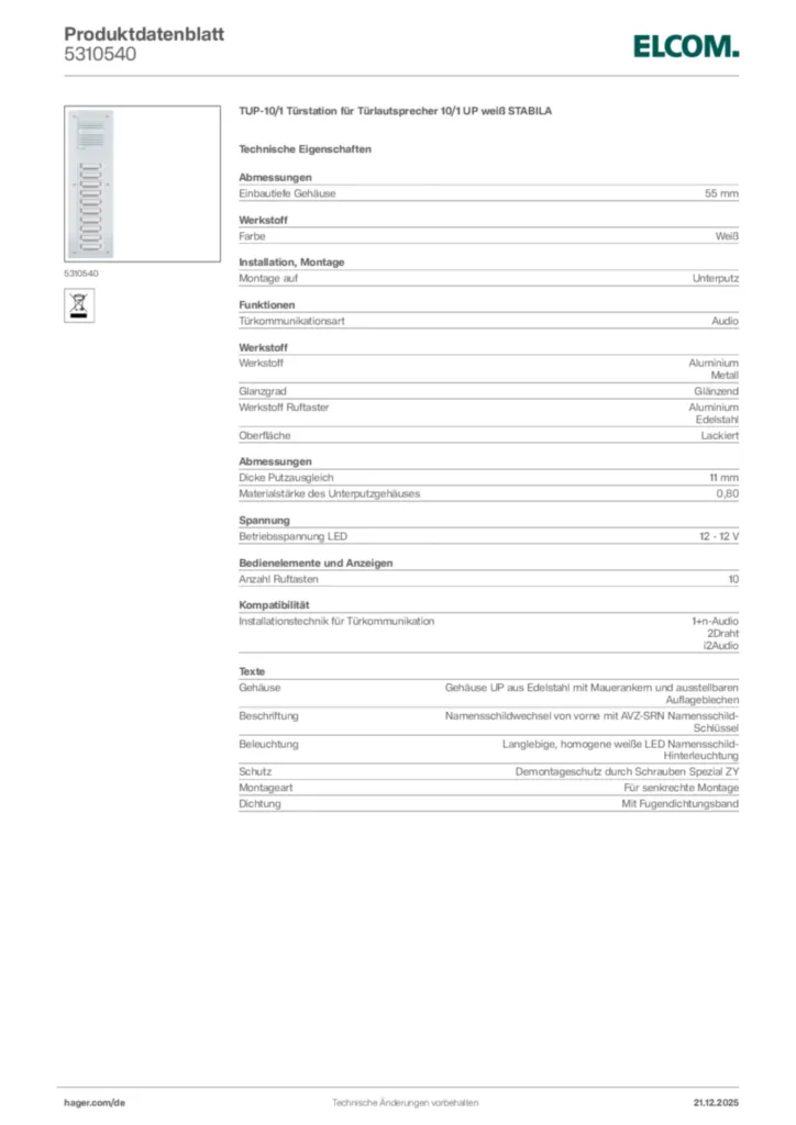 Bild Elcom Produktdatenblatt 5310540 | Hager Deutschland