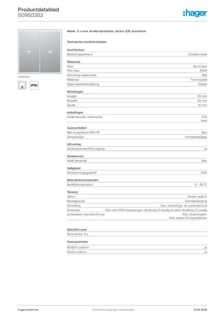 Afbeelding Hager Productdatablad 80960383 | Hager Belgium