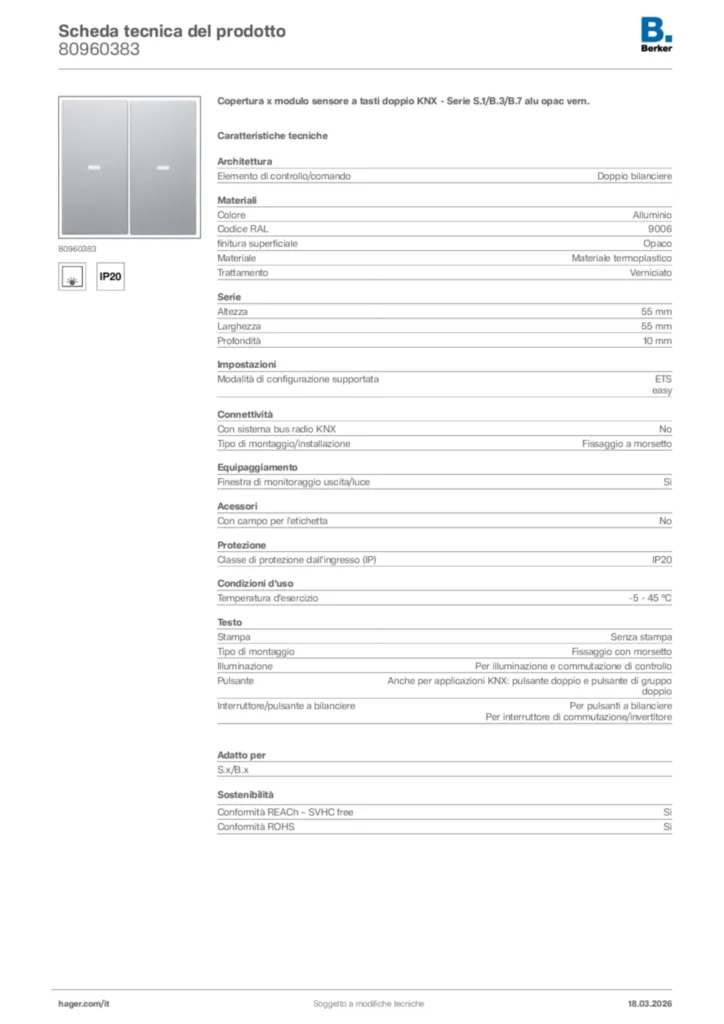 Immagine Berker Scheda tecnica del prodotto 80960383 | Hager Italia