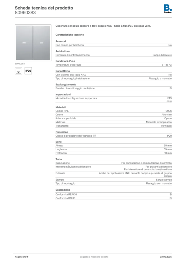 Immagine Berker Scheda tecnica del prodotto 80960383 | Hager Italia