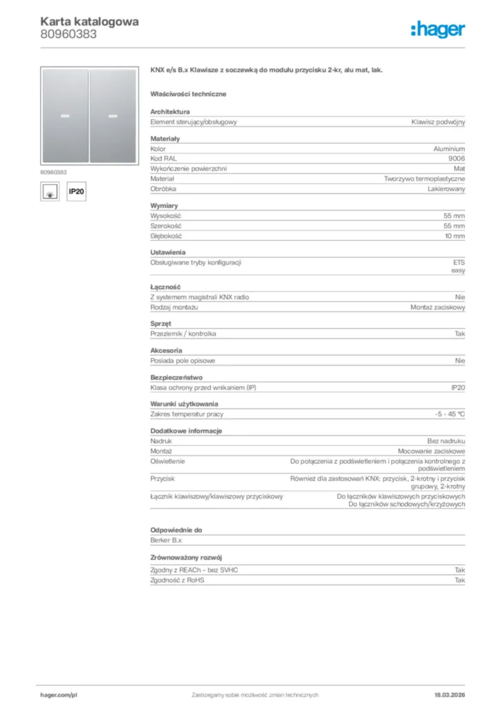 Zdjęcie Hager Karta katalogowa 80960383 | Hager Polska