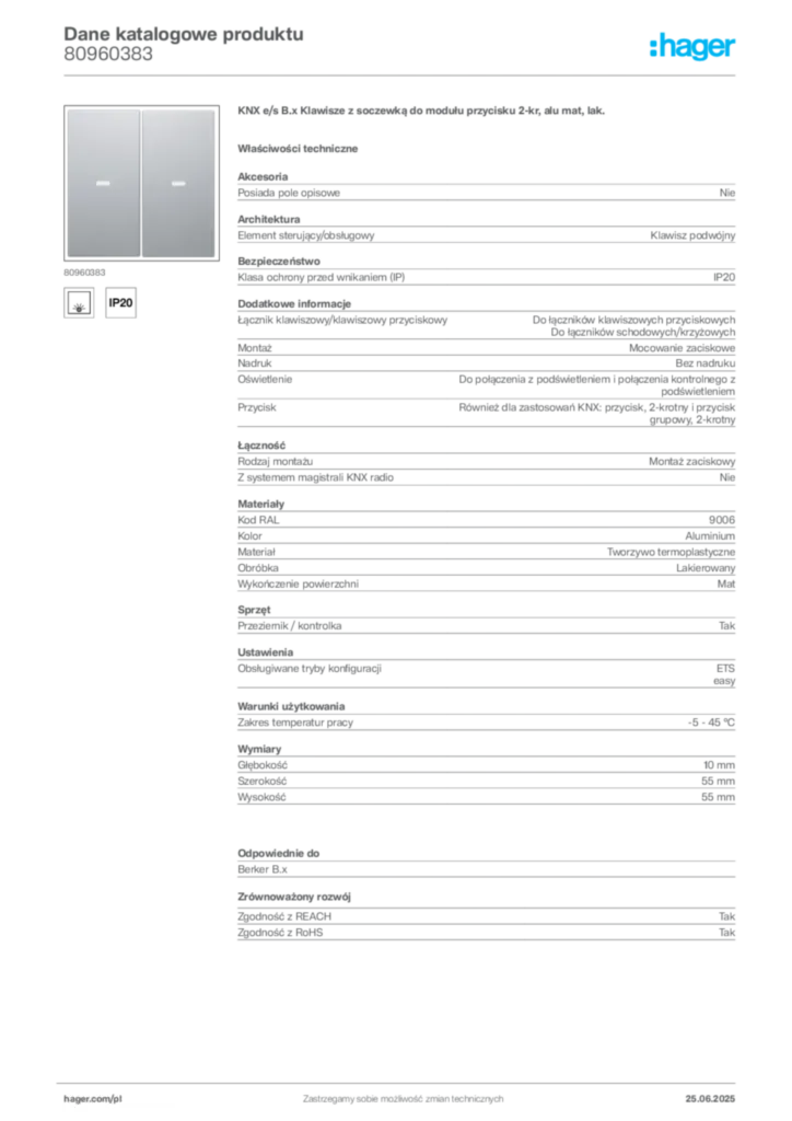 Zdjęcie Hager Dane katalogowe produktu 80960383 | Hager Polska
