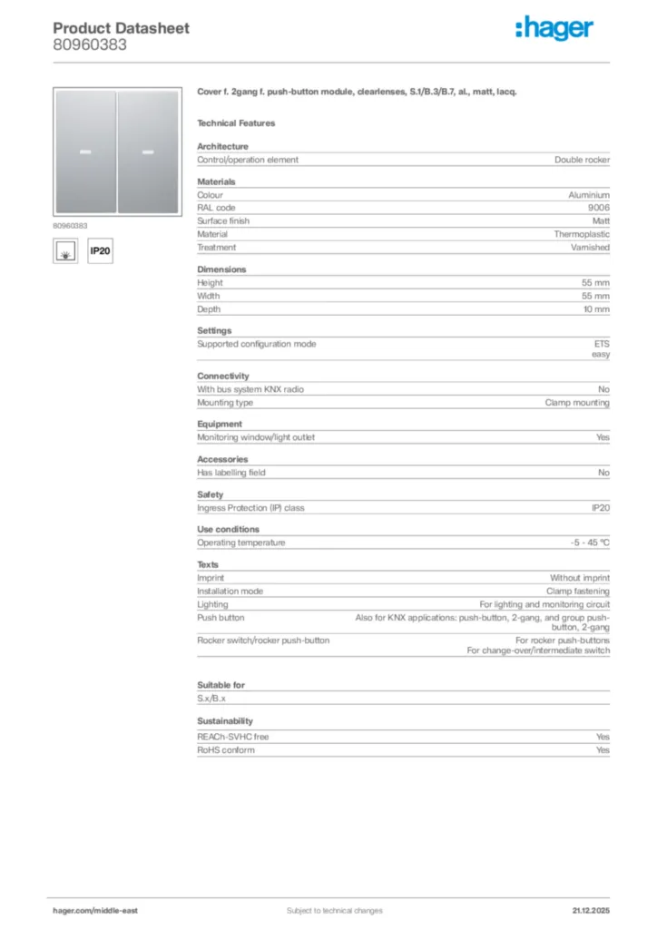 Image Hager Product data sheet 80960383  | Hager