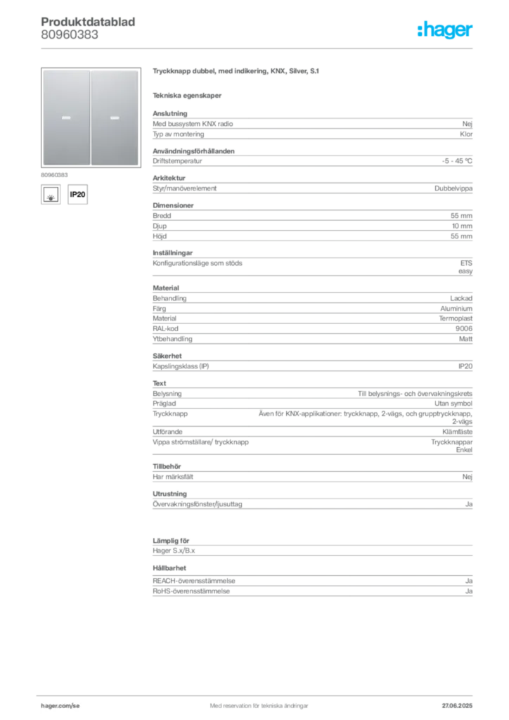 Bild Hager Produktdatablad 80960383 | Hager Sverige
