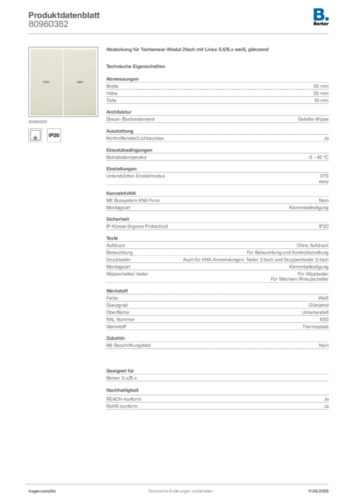 Bild Berker Produktdatenblatt 80960382 | Hager Deutschland