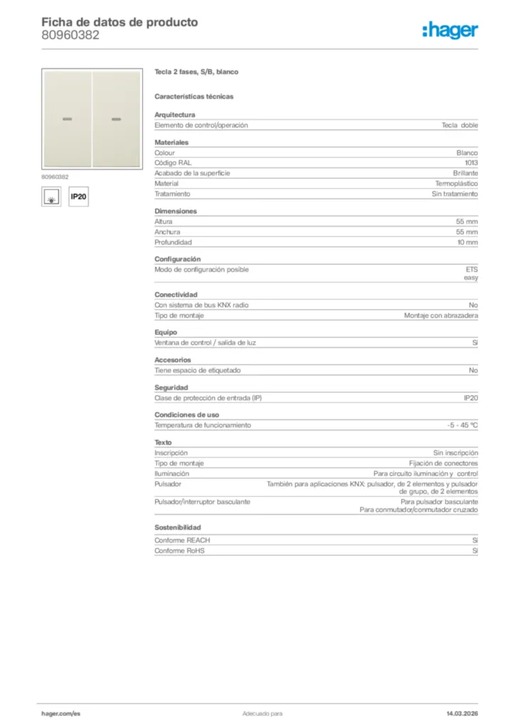 Imagen Hager Ficha de datos de producto 80960382 | Hager España