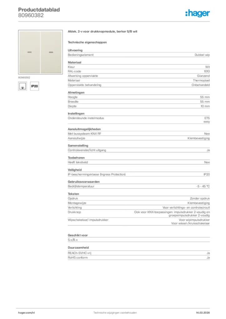 Afbeelding Hager Productdatablad 80960382 | Hager Nederland