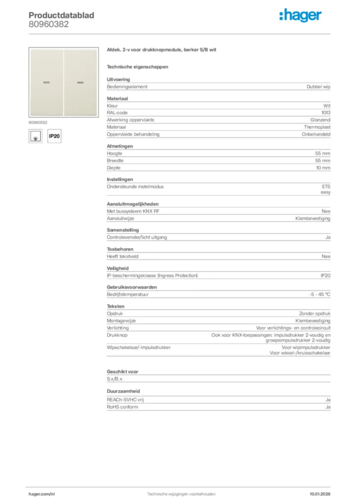Afbeelding Hager Productdatablad 80960382 | Hager Nederland