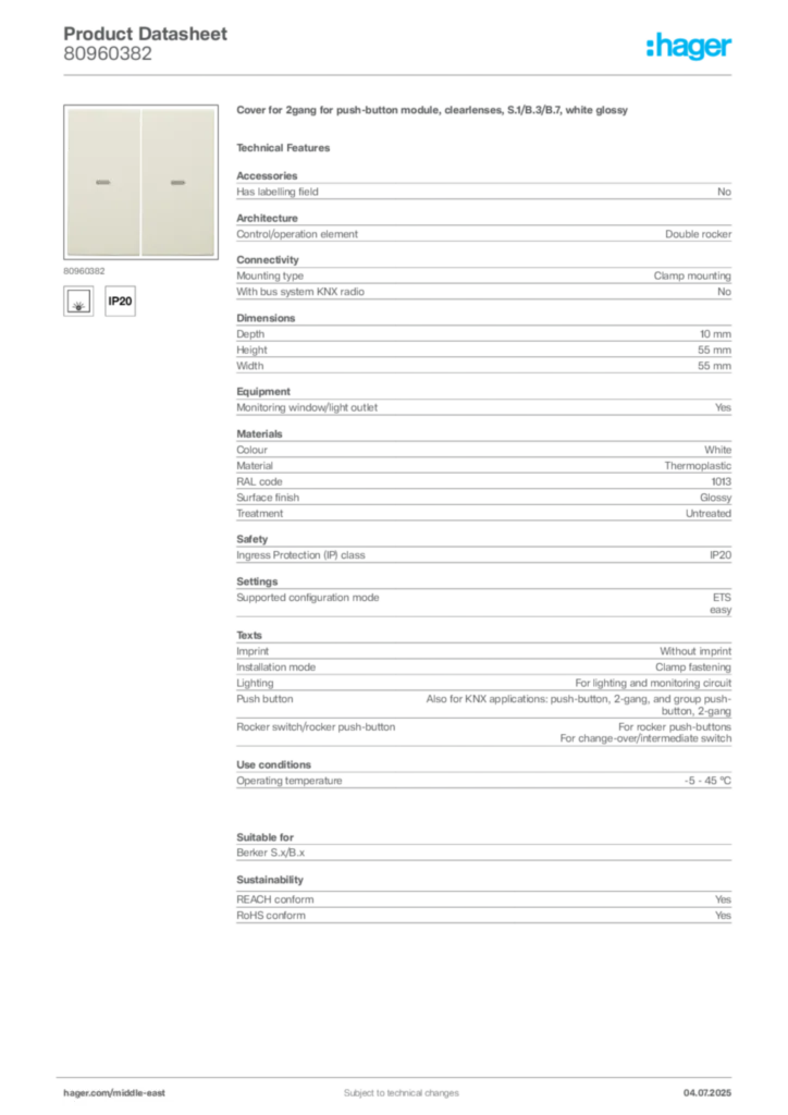 Image Hager Product data sheet 80960382  | Hager