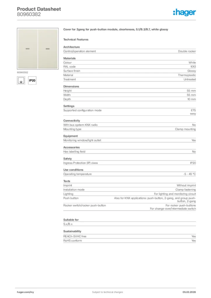 Image Hager Product data sheet 80960382  | Hager