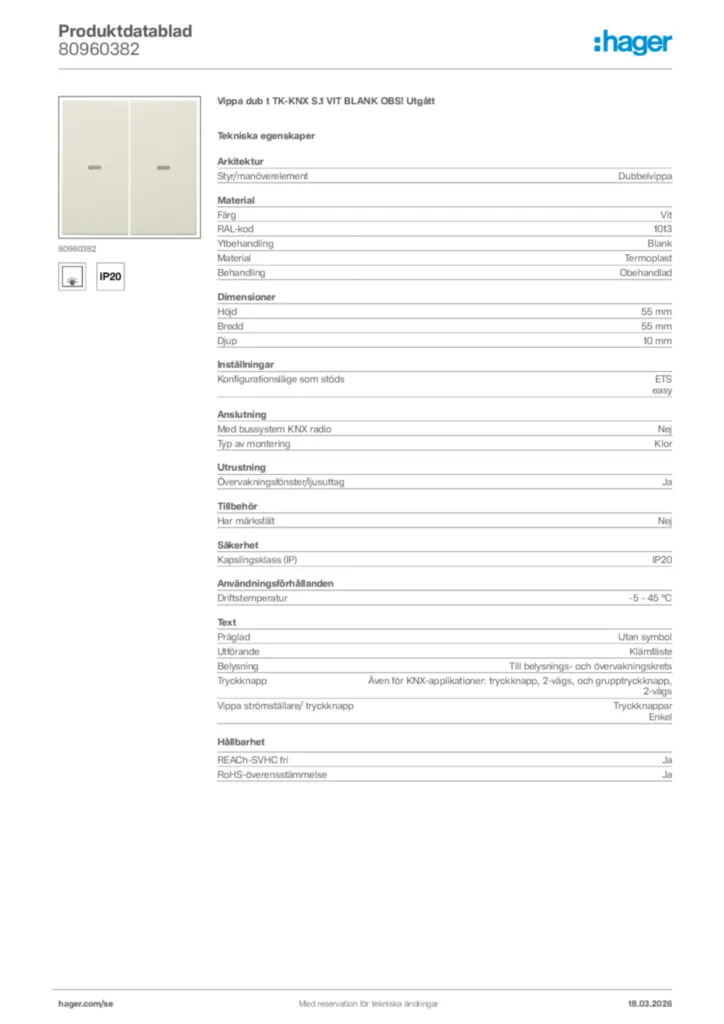 Bild Hager Produktdatablad 80960382 | Hager Sverige