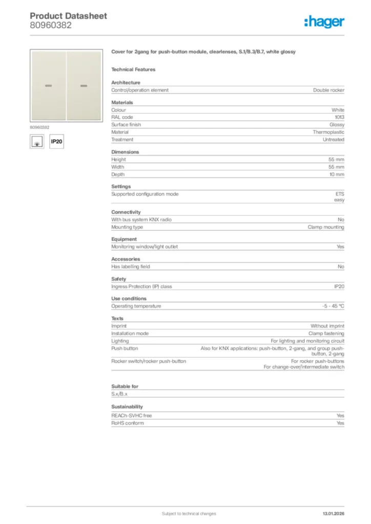 Image Hager Product data sheet 80960382  | Hager